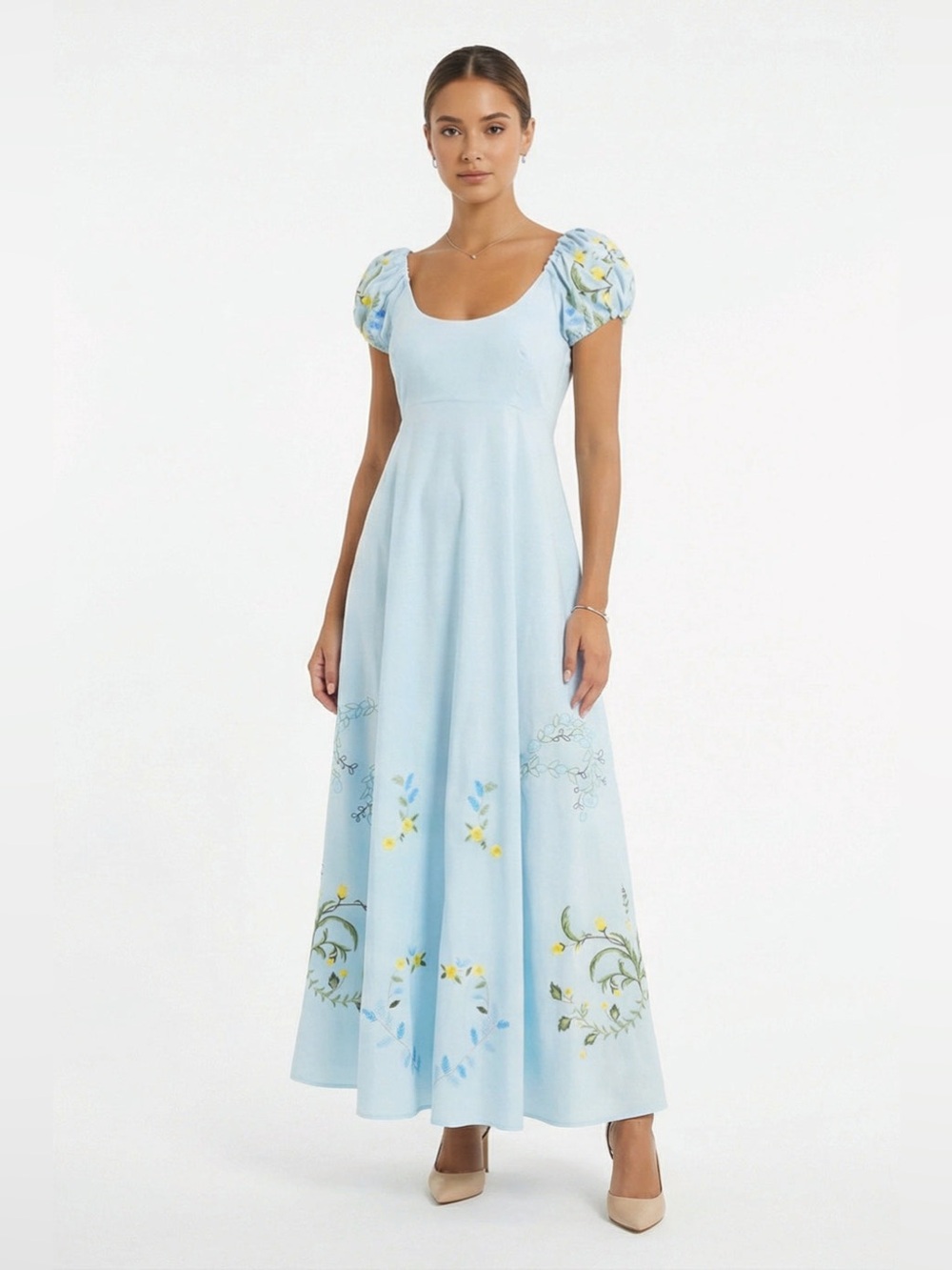 Fanm Mon Perla Dress Embroidered Blue Floral Puff Sleeve Medium‎
